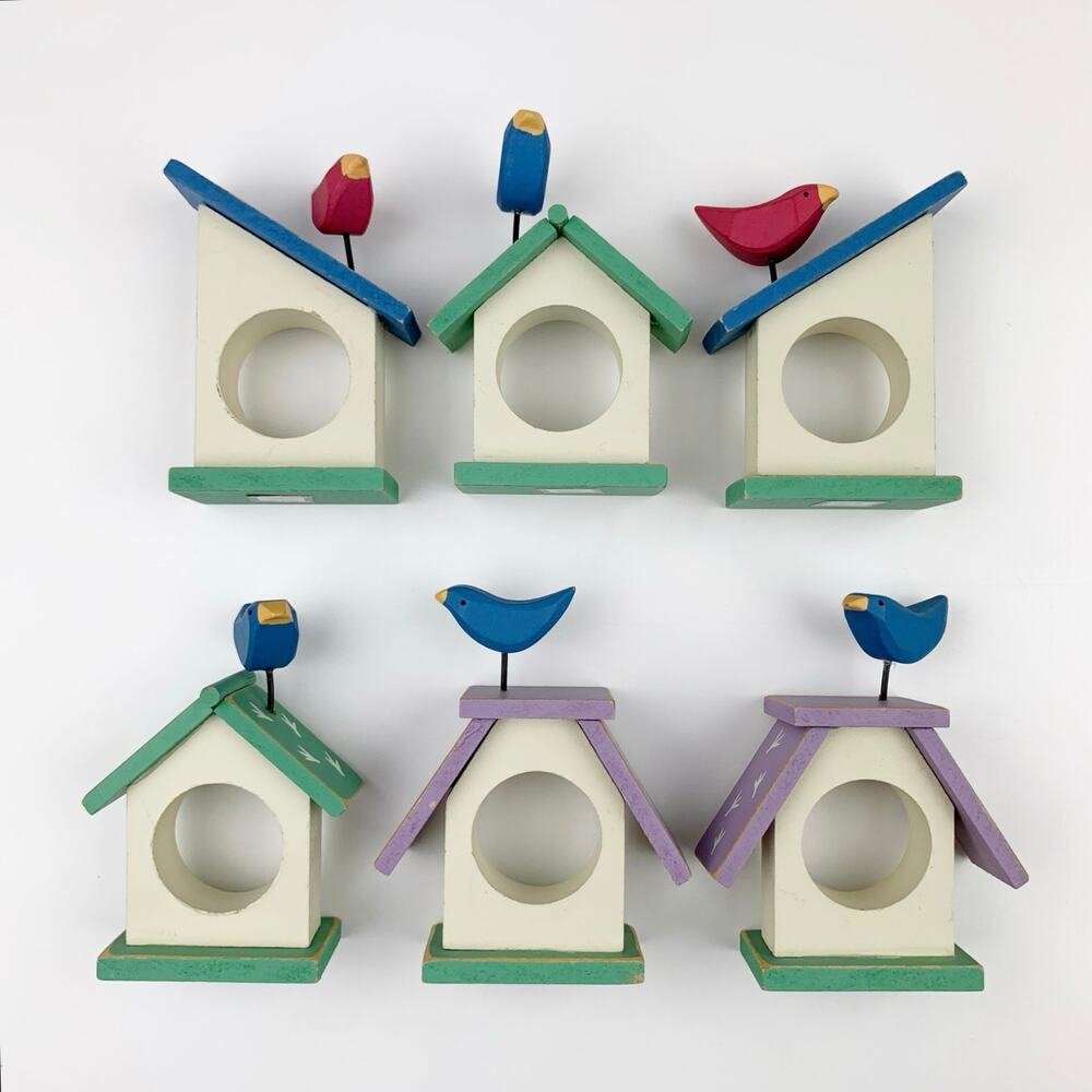 Set of 6 Birdhouse Napkin Rings Wood Colorful Table Decor Spring Birds
